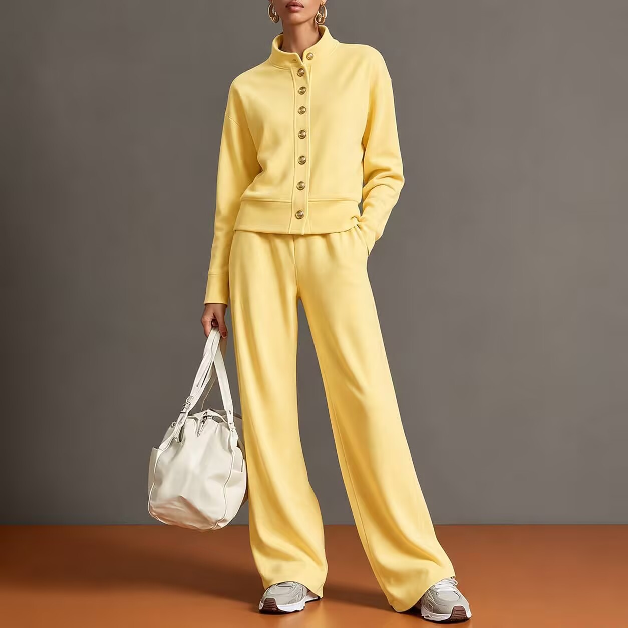 Chic High-Neck Button-Down Sweatshirt & Wide-Leg Pants Set