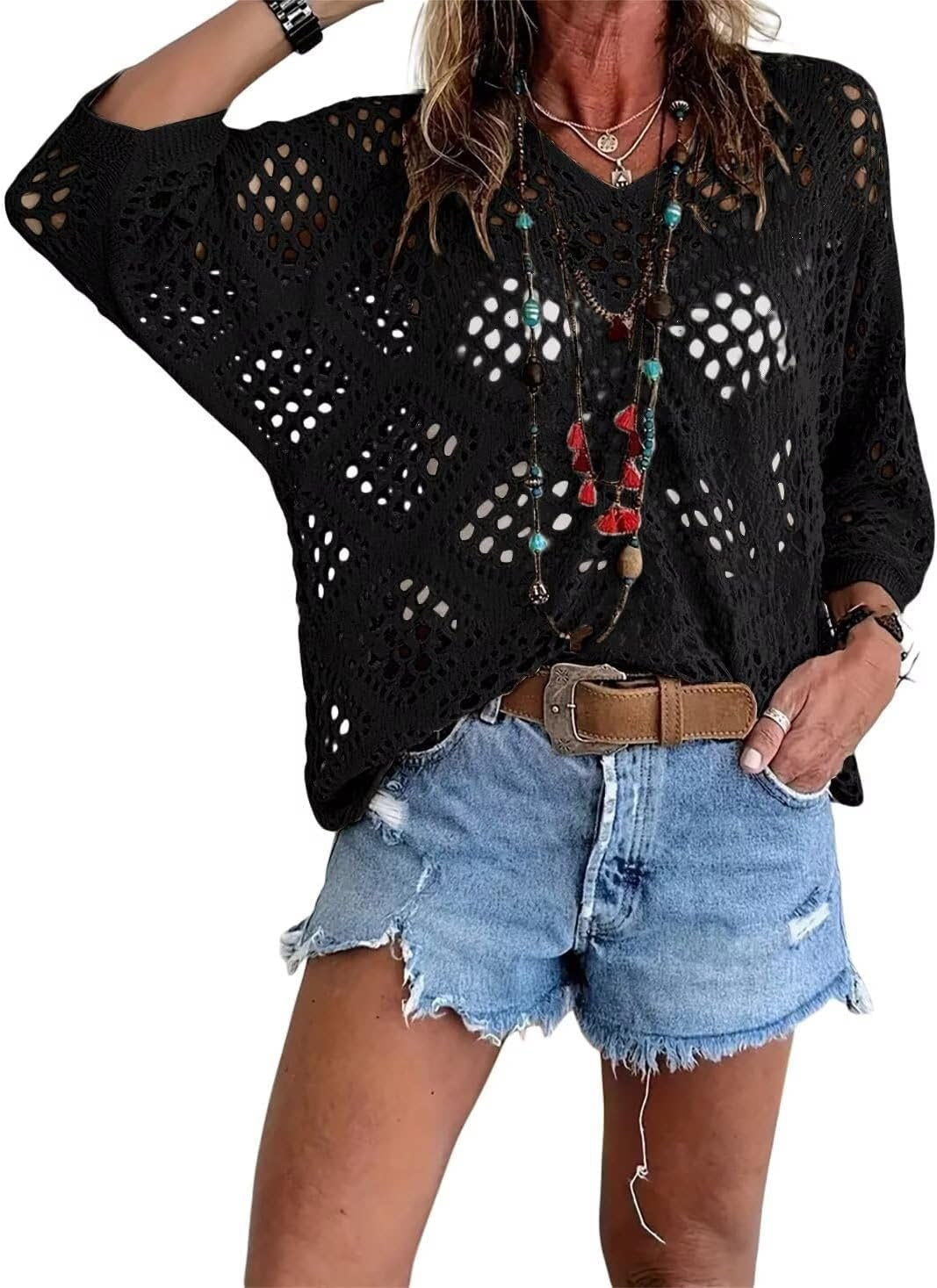 Mother’s Day Gift❤️Womens Bohemian-Inspired Beige Crochet Top with V-Neck