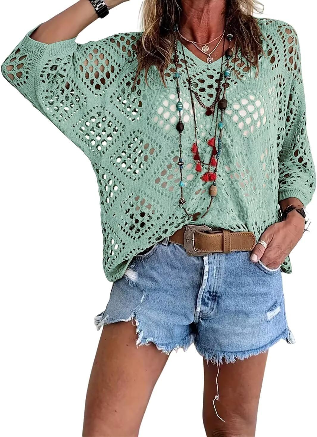 Mother’s Day Gift❤️Womens Bohemian-Inspired Beige Crochet Top with V-Neck