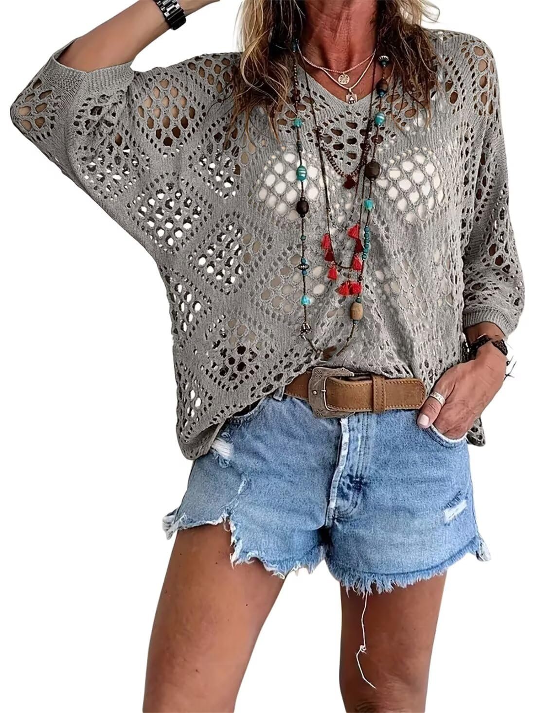 Mother’s Day Gift❤️Womens Bohemian-Inspired Beige Crochet Top with V-Neck