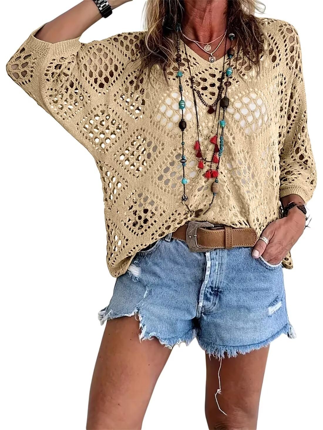 Mother’s Day Gift❤️Womens Bohemian-Inspired Beige Crochet Top with V-Neck