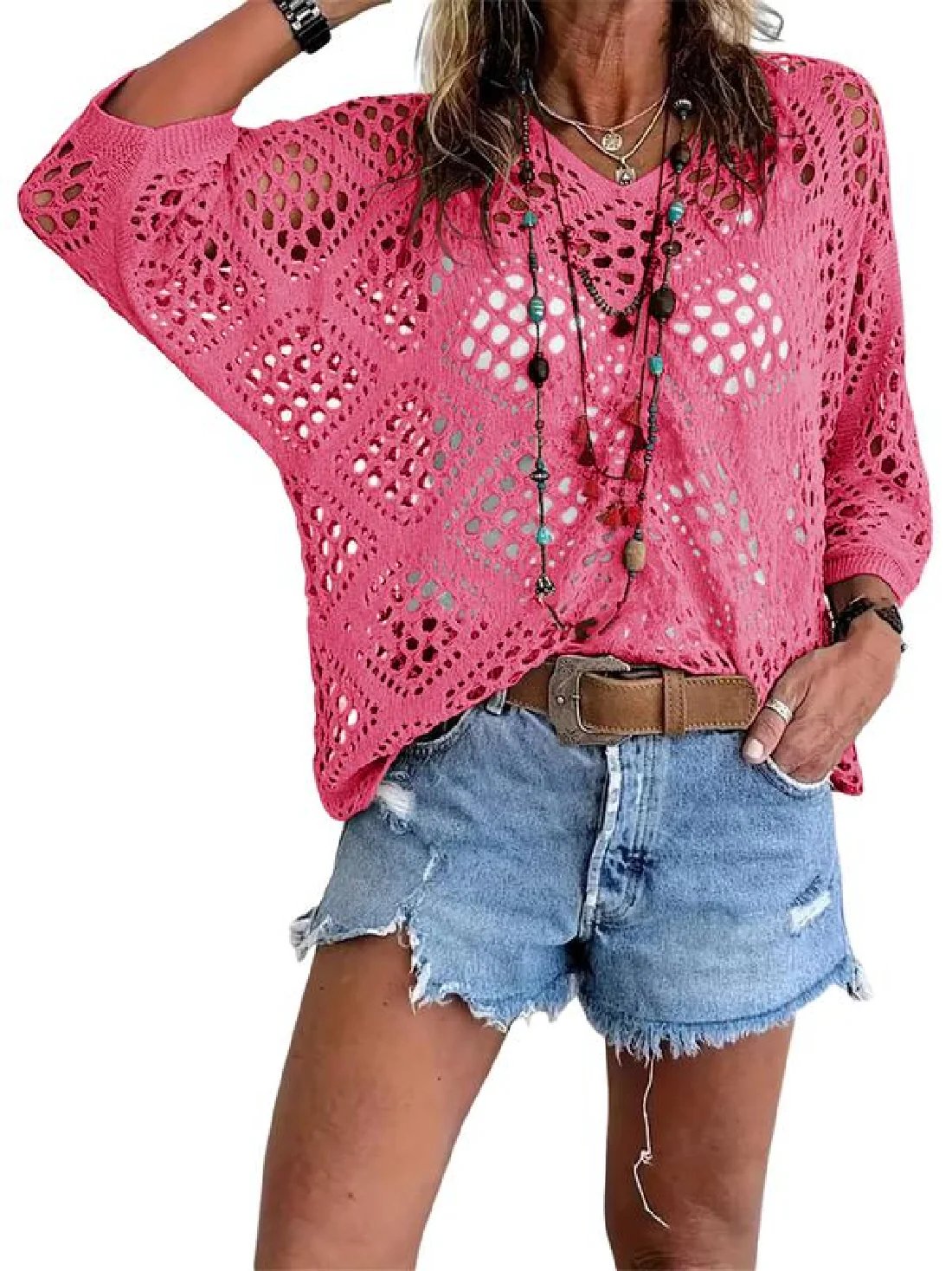 Mother’s Day Gift❤️Womens Bohemian-Inspired Beige Crochet Top with V-Neck