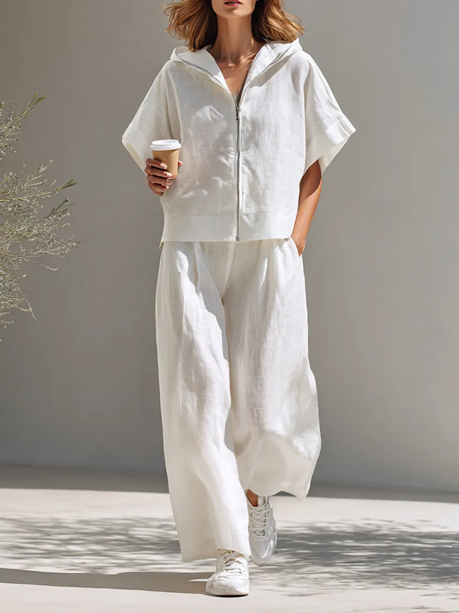 Women's Minimalist Cotton-Linen Blend Hooded Zip-Up Top & Wide-Leg Pants Set