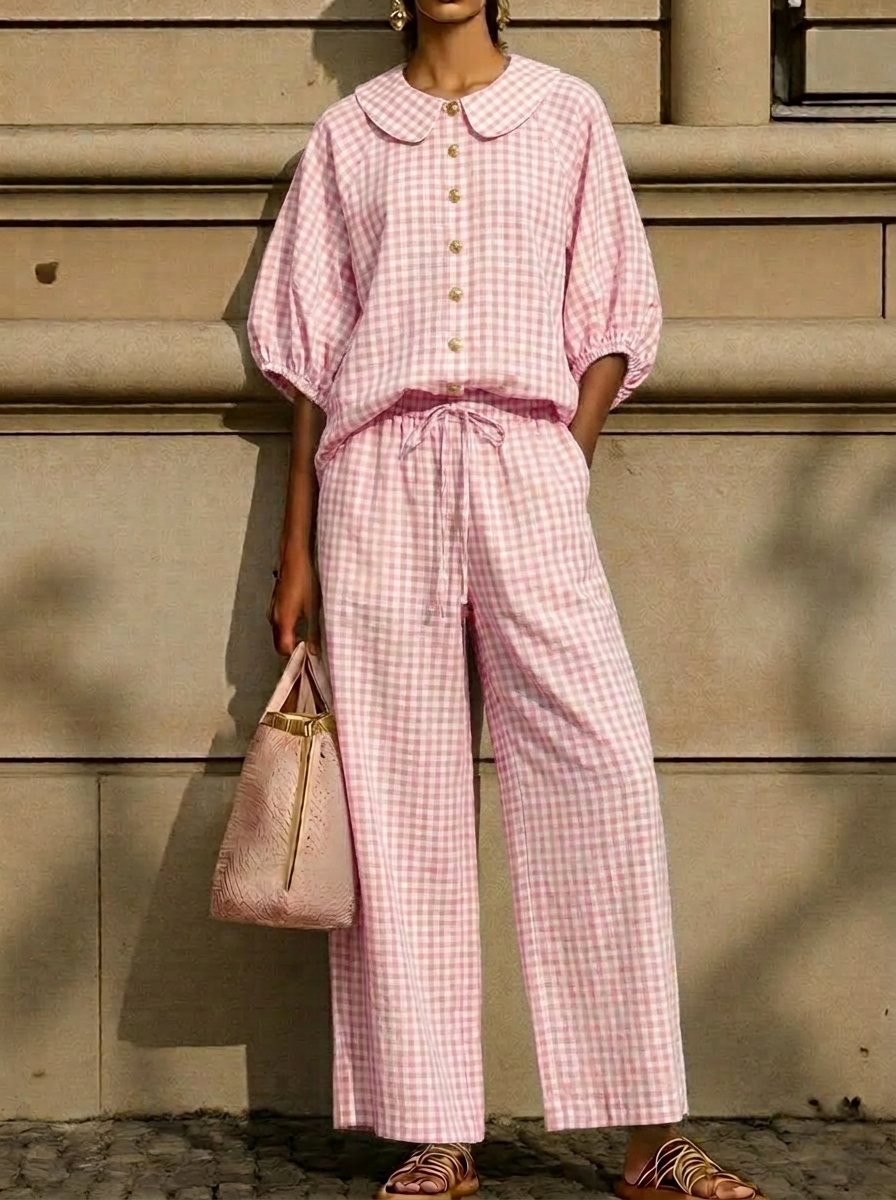 Today 49% off🔥Women’s Cotton Linen Gingham Peter Pan Collar Two-Piece Set
