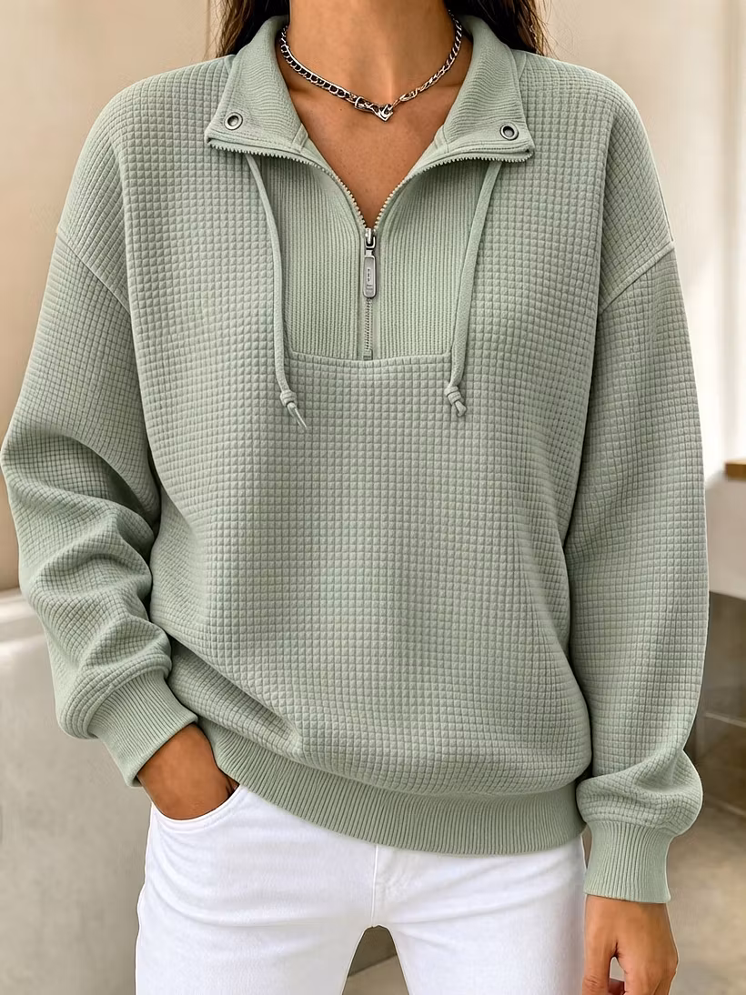 Cozy Waffle Knit Half-Zip Cuffed Pullover