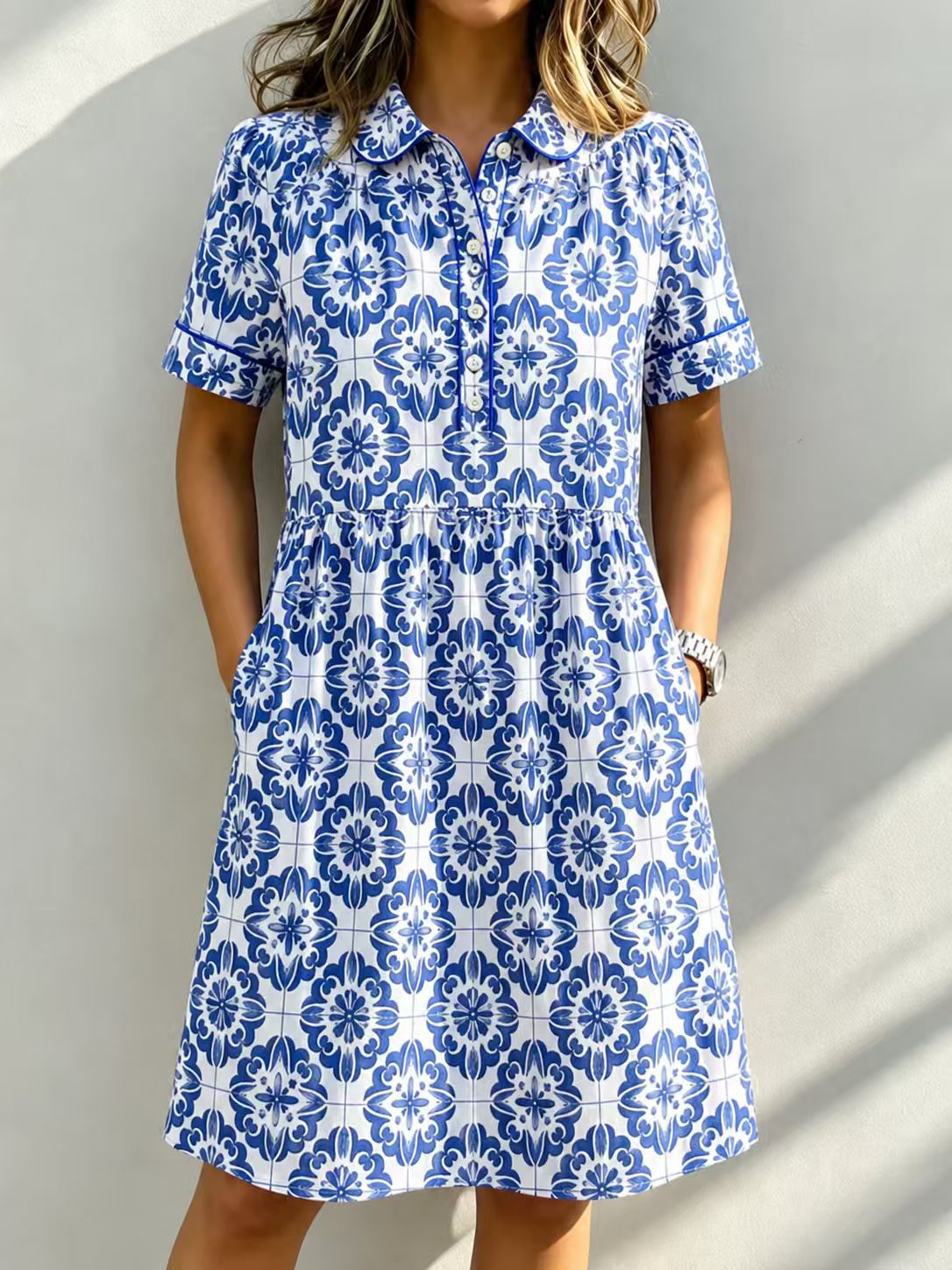 Casual Cotton Linen Santorini Print Shirt Dress with Pockets