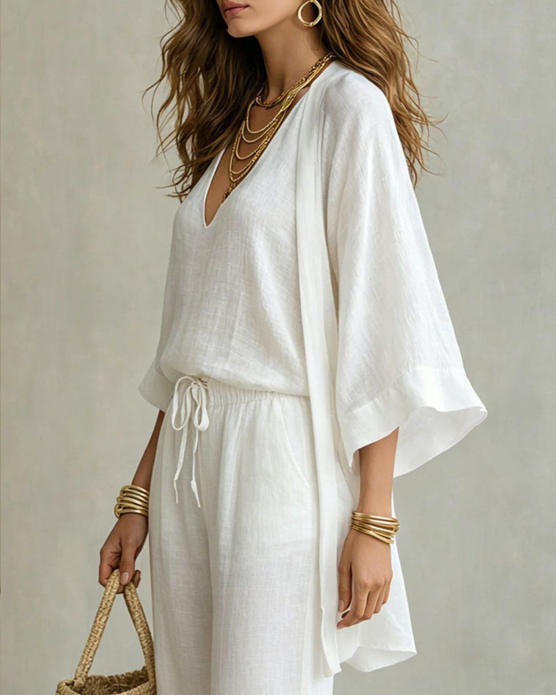 Chic Linen Blend 3-Piece Cardigan, Tank & Wide-Leg Pants Set
