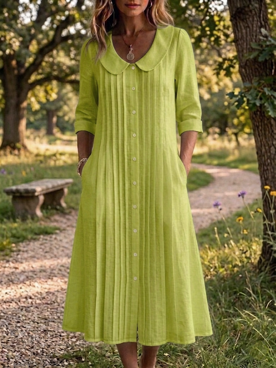 New Arrivals🔥 Women's Peter Pan Collar Casual Loose Pleated Cotton And Linen Dress