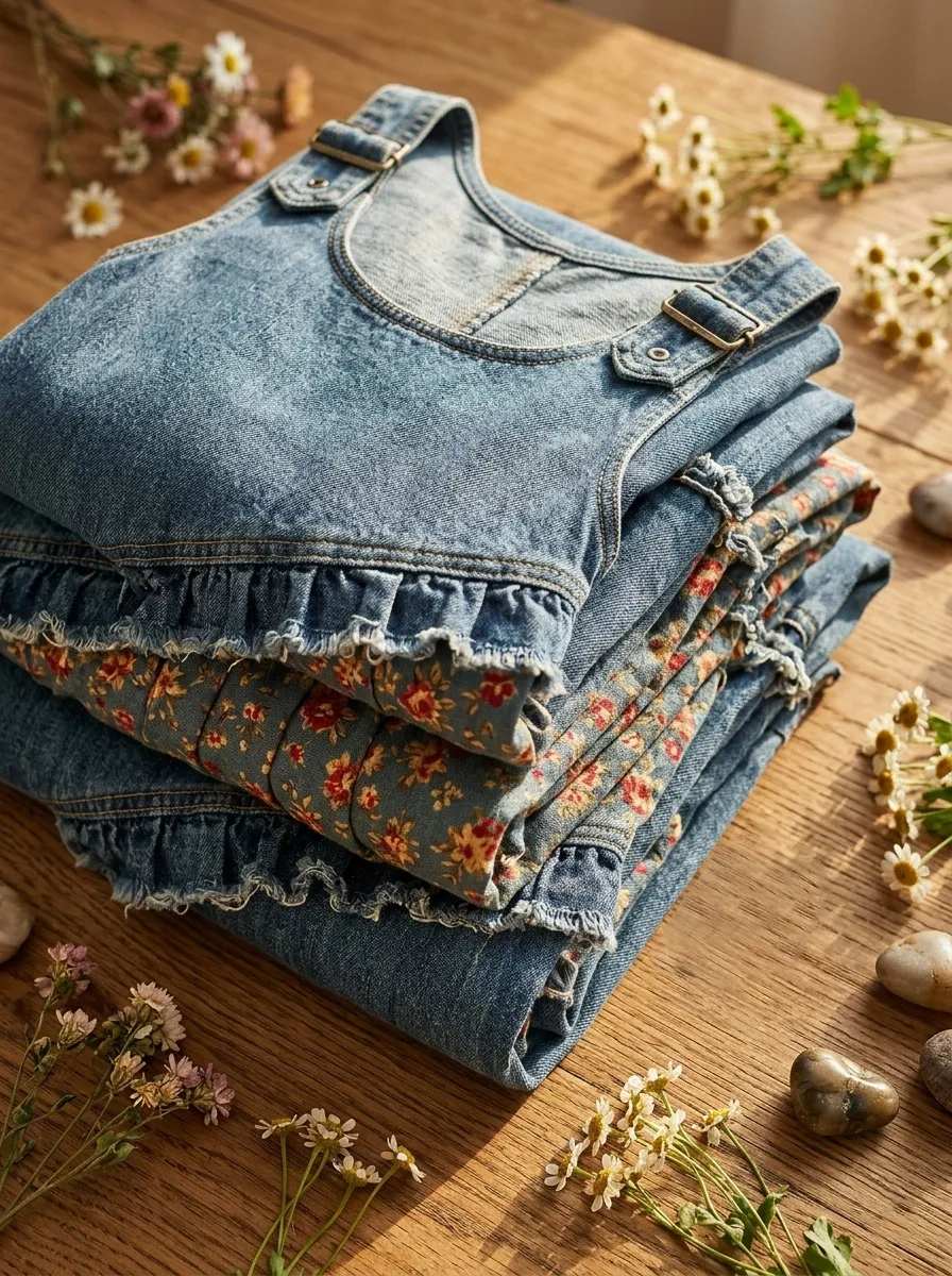 Quality Washed Denim and Floral Fabric Detail