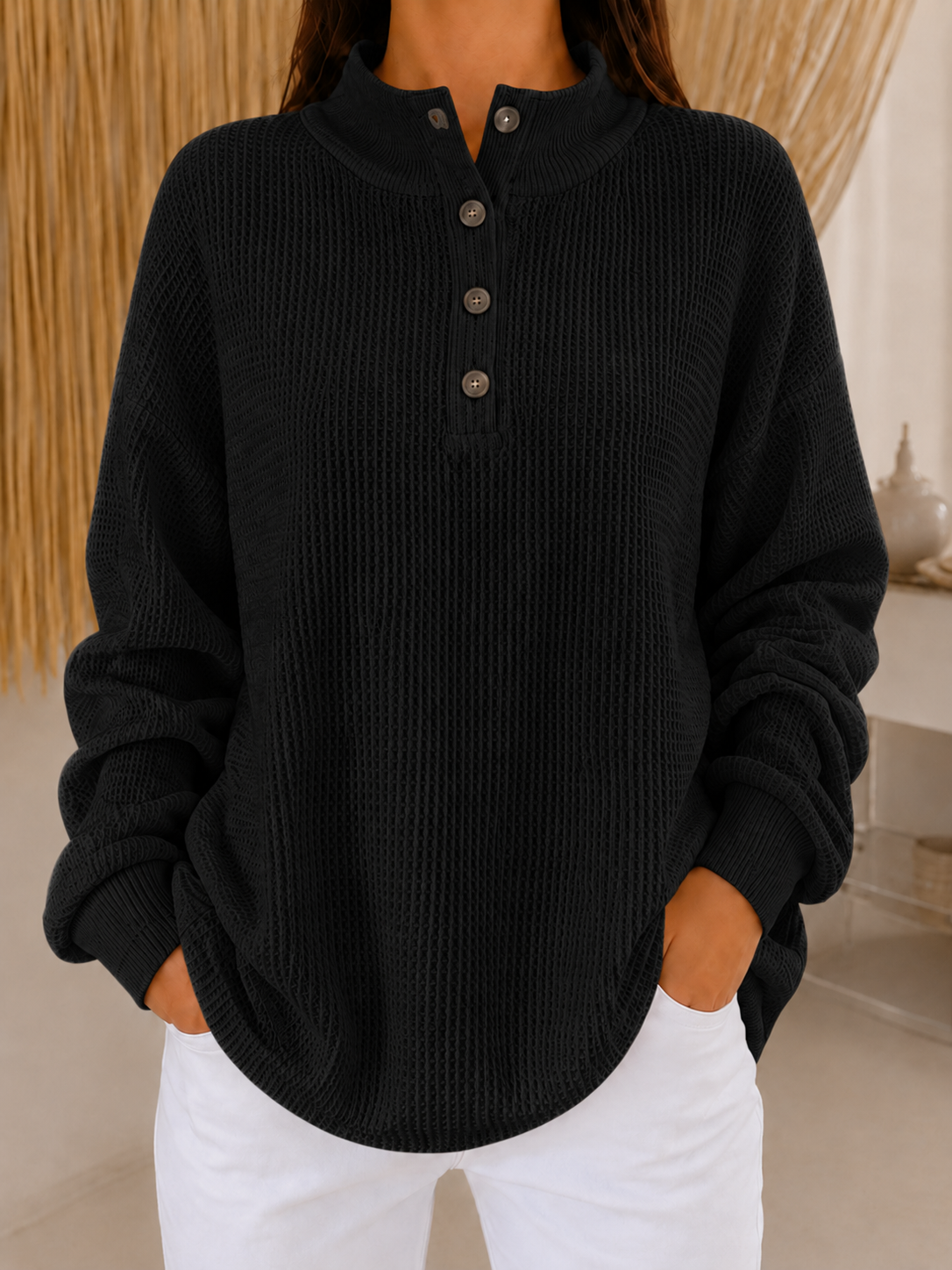 Cozy Luxe Waffle Knit Button-Down Pullover - Loose Fit Casual Long Sleeve Tops