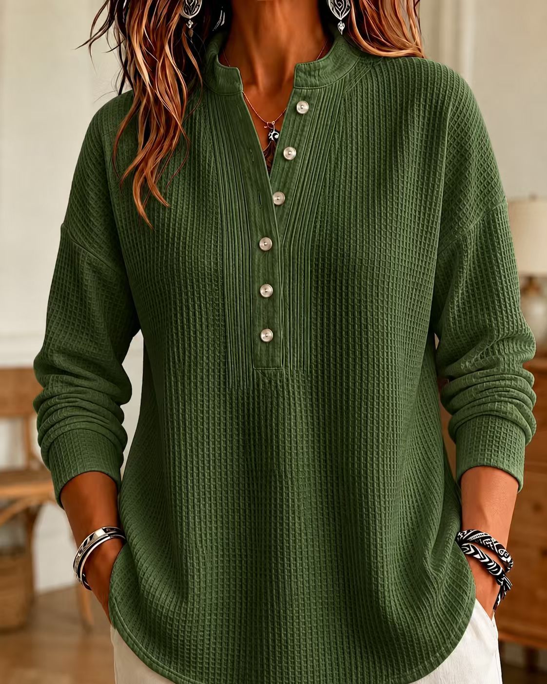Women's Loose Fit Waffle Knit V-Neck Henley Shirt - Ultra Soft & Curve Friendly