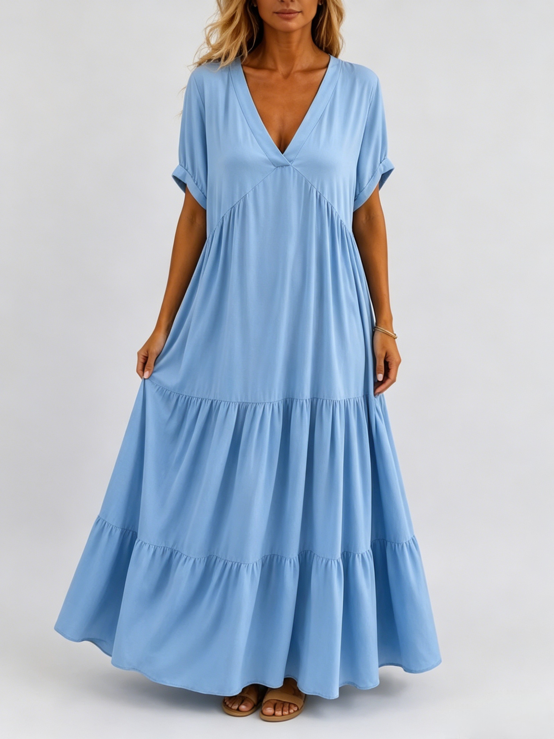 Luftiges Maxikleid Damen mit V-Ausschnitt, Taschen & Stufen – locker & bequem für Sommer
