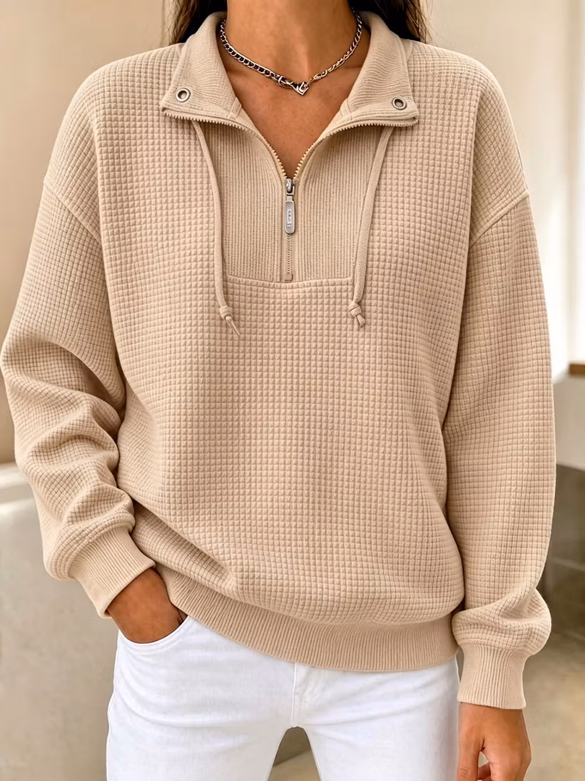 Cozy Waffle Knit Half-Zip Cuffed Pullover