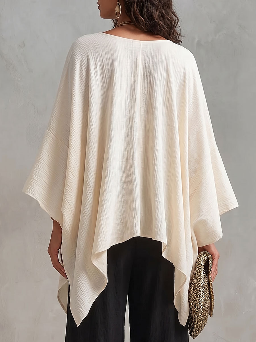 Women's Solid-color V-neck Long-sleeve Casual Loose Cotton-linen Top
