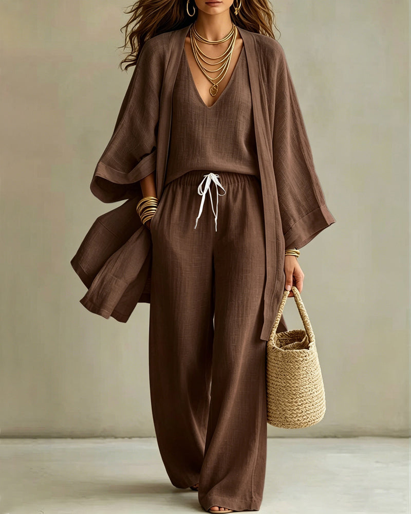 Chic Linen Blend 3-Piece Cardigan, Tank & Wide-Leg Pants Set