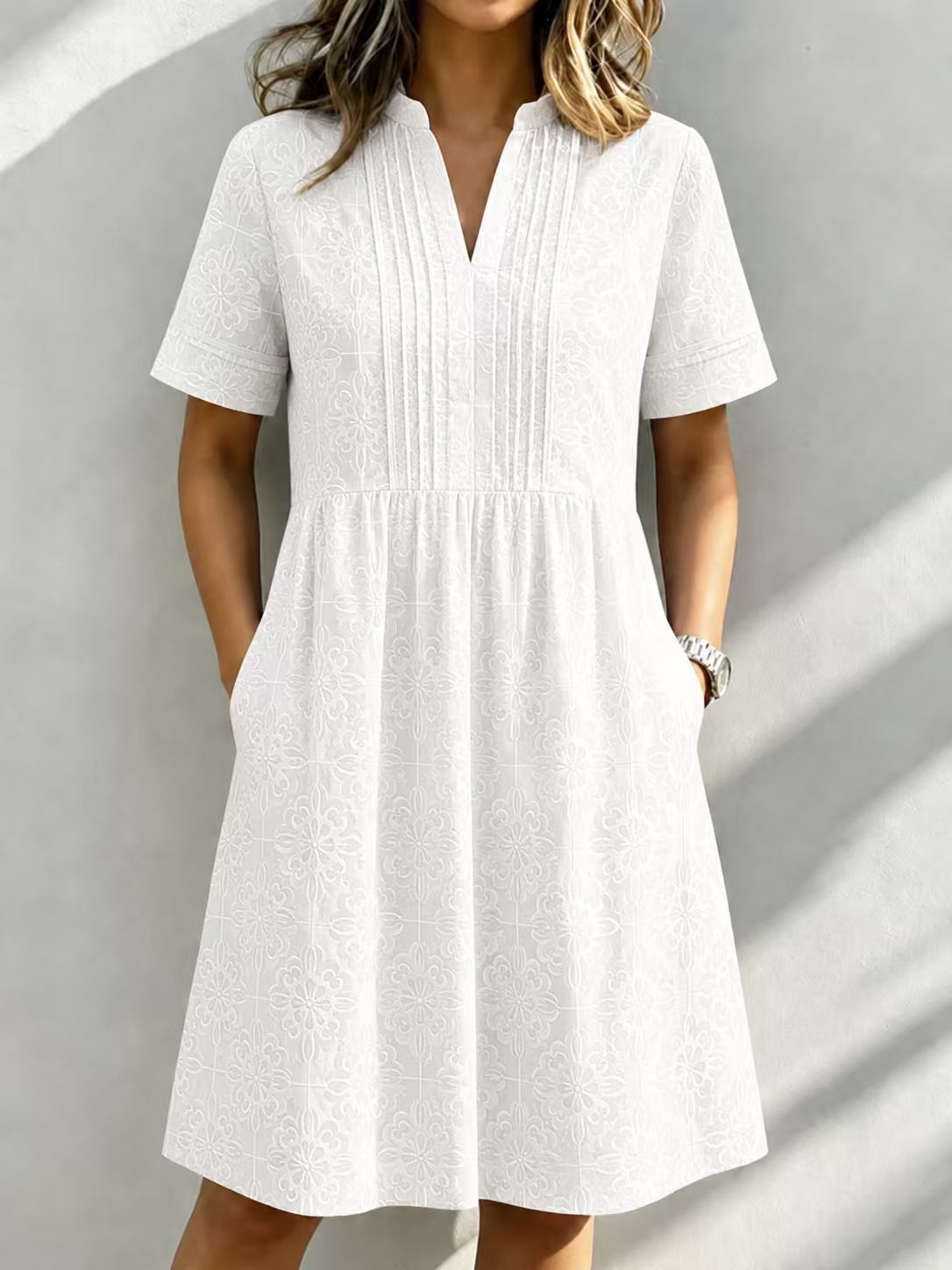 Casual V-Neck Embroidered Short Sleeve A-Line Dress with Pockets