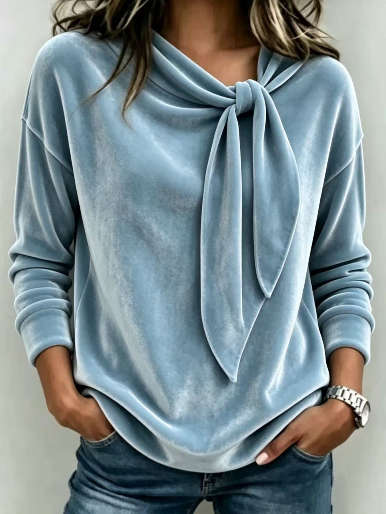 Elegant Velvet Tie-Neck Long Sleeve Blouse Top