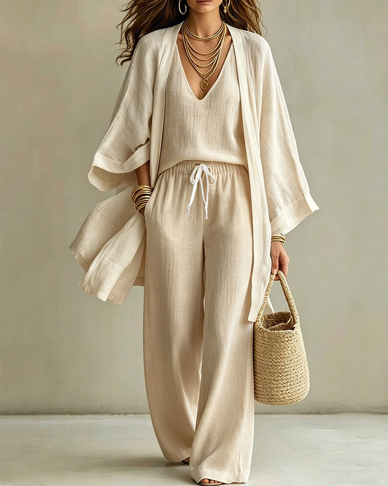 Chic Linen Blend 3-Piece Cardigan, Tank & Wide-Leg Pants Set