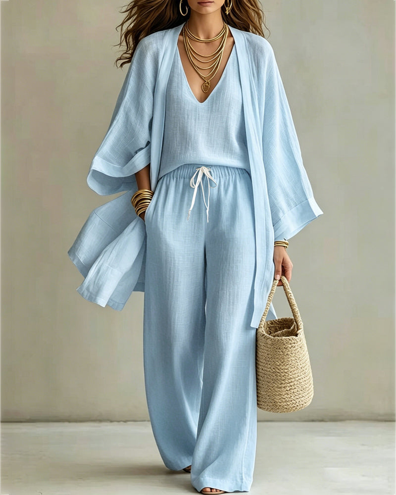 Chic Linen Blend 3-Piece Cardigan, Tank & Wide-Leg Pants Set