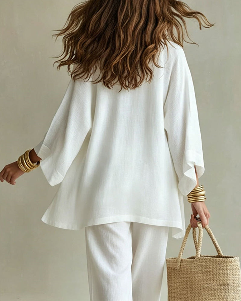 Chic Linen Blend 3-Piece Cardigan, Tank & Wide-Leg Pants Set