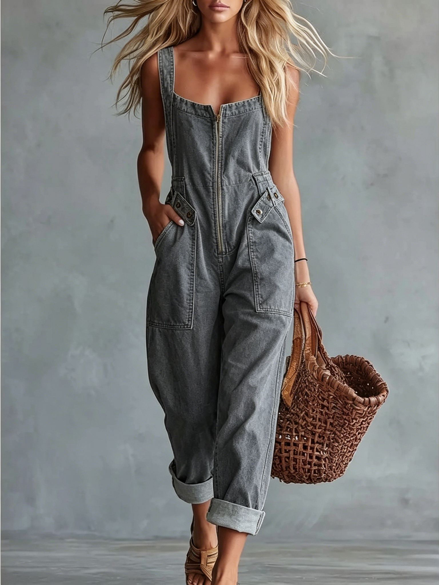 Lockere Jeans Latzhose Damen mit Reißverschluss & Taschen