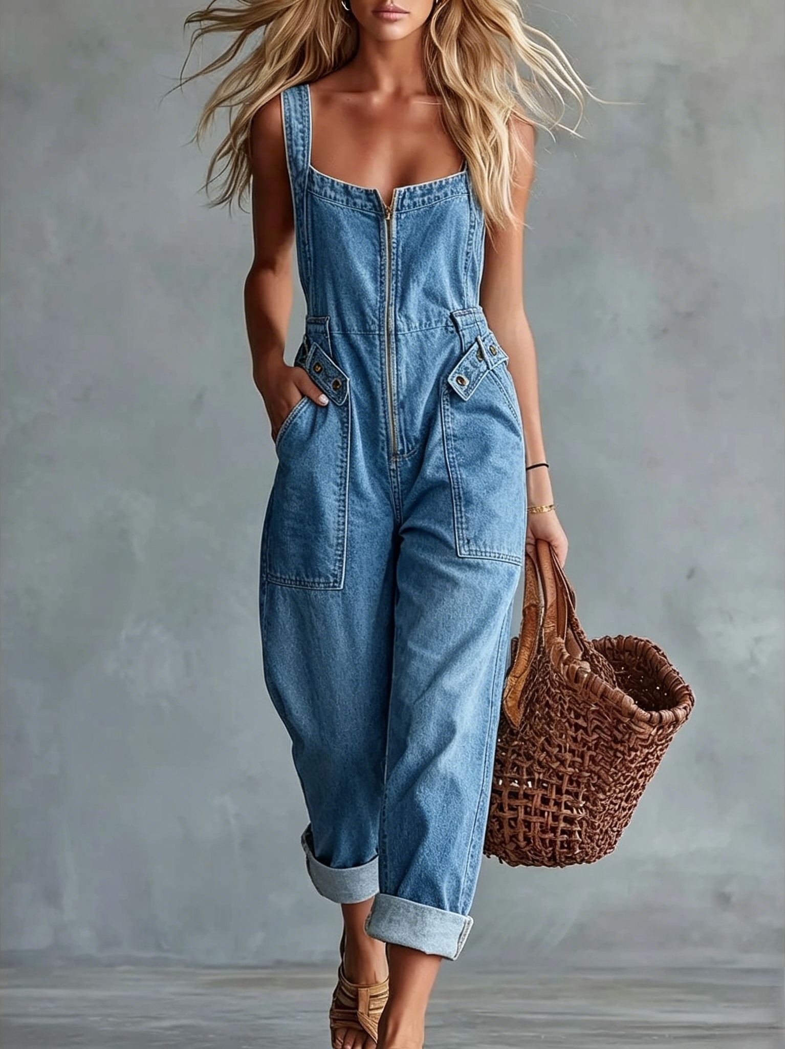 Lockere Jeans Latzhose Damen mit Reißverschluss & Taschen