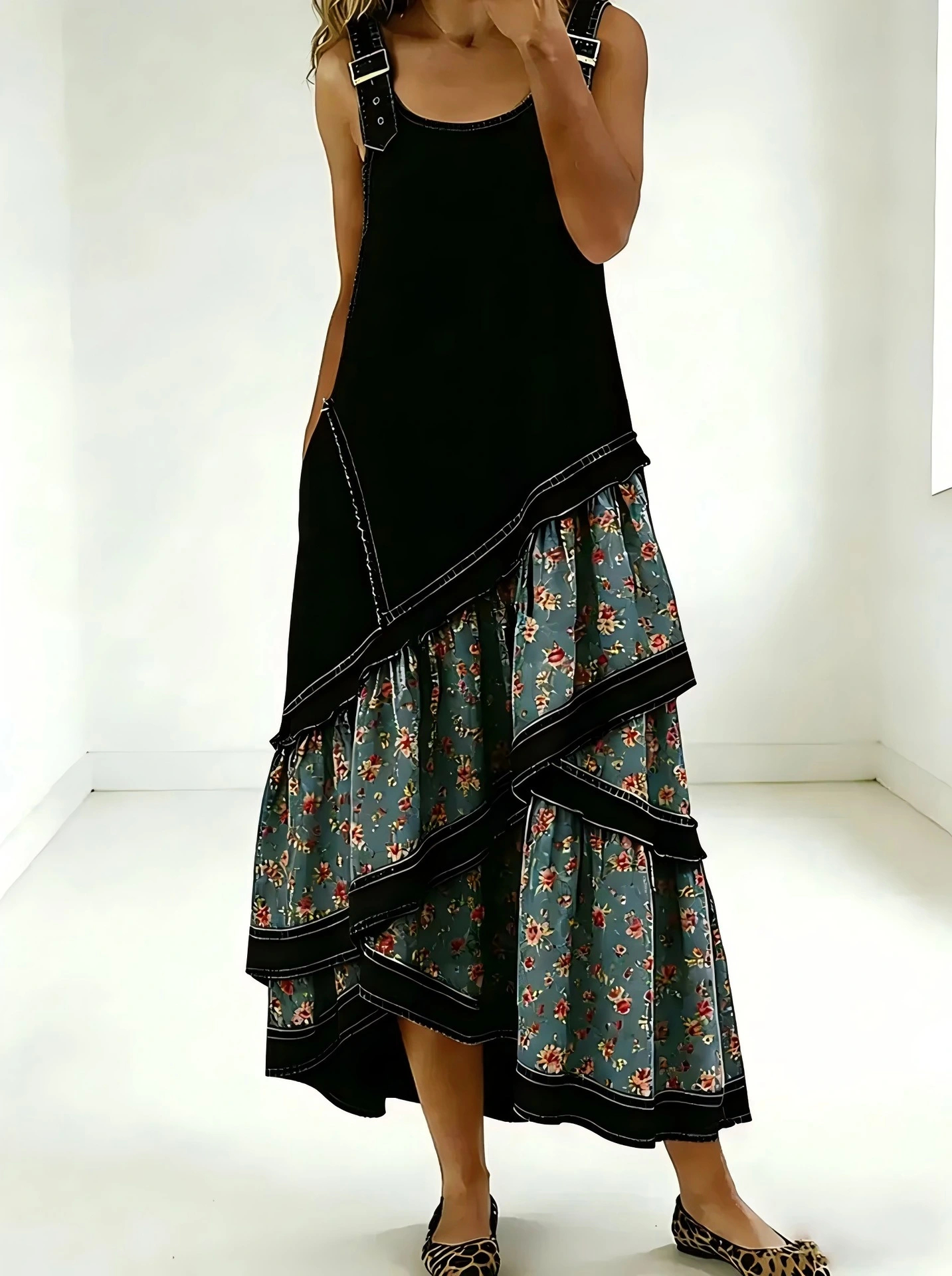 Vintage Washed Denim Floral Patchwork Tiered Overall Maxi Dress