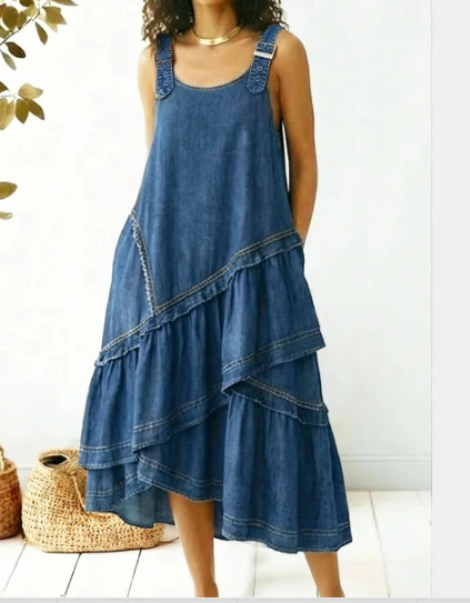 Vintage Washed Denim Floral Patchwork Tiered Overall Maxi Dress