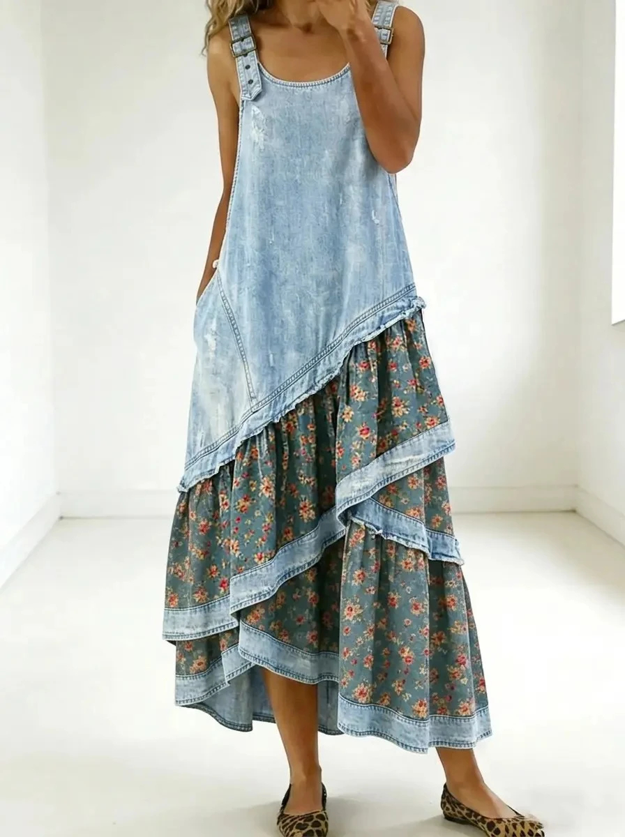 Vintage Washed Denim Floral Patchwork Tiered Overall Maxi Dress