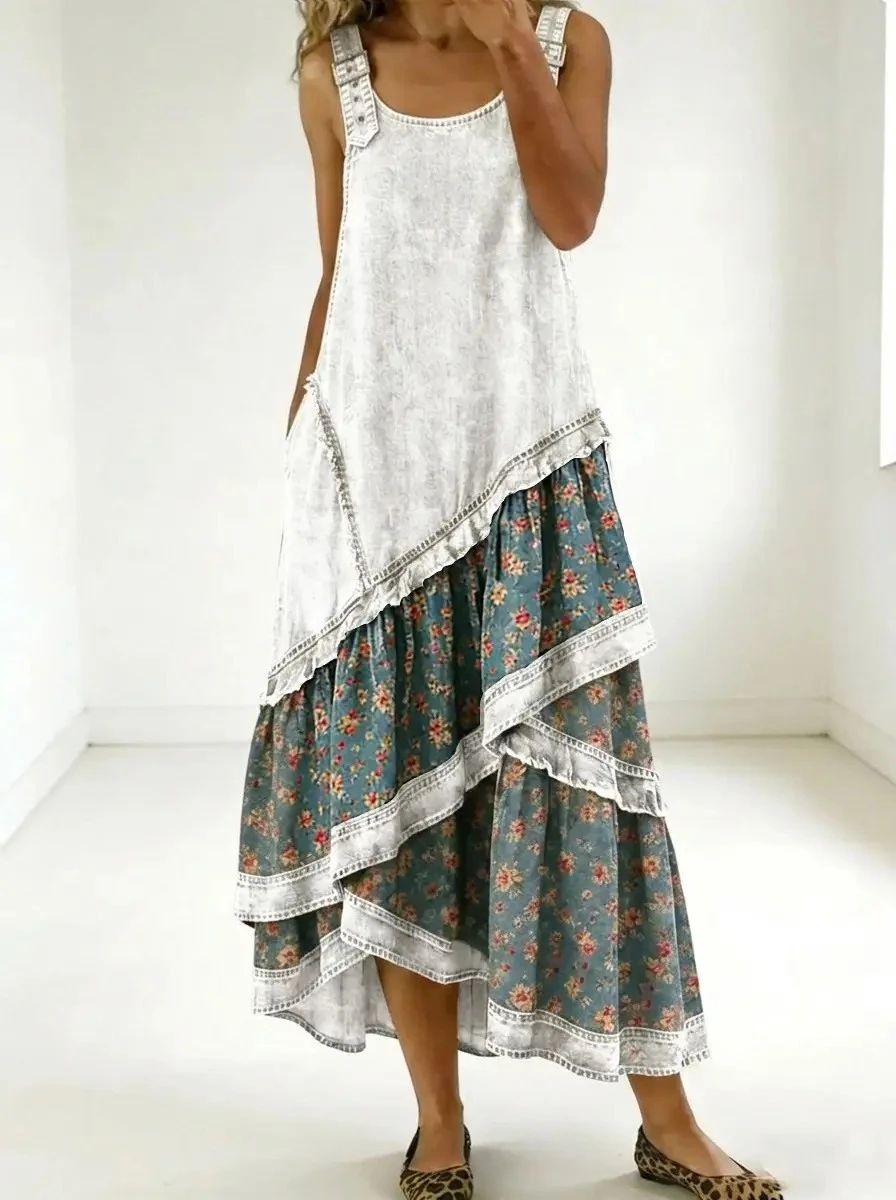 Vintage Washed Denim Floral Patchwork Tiered Overall Maxi Dress