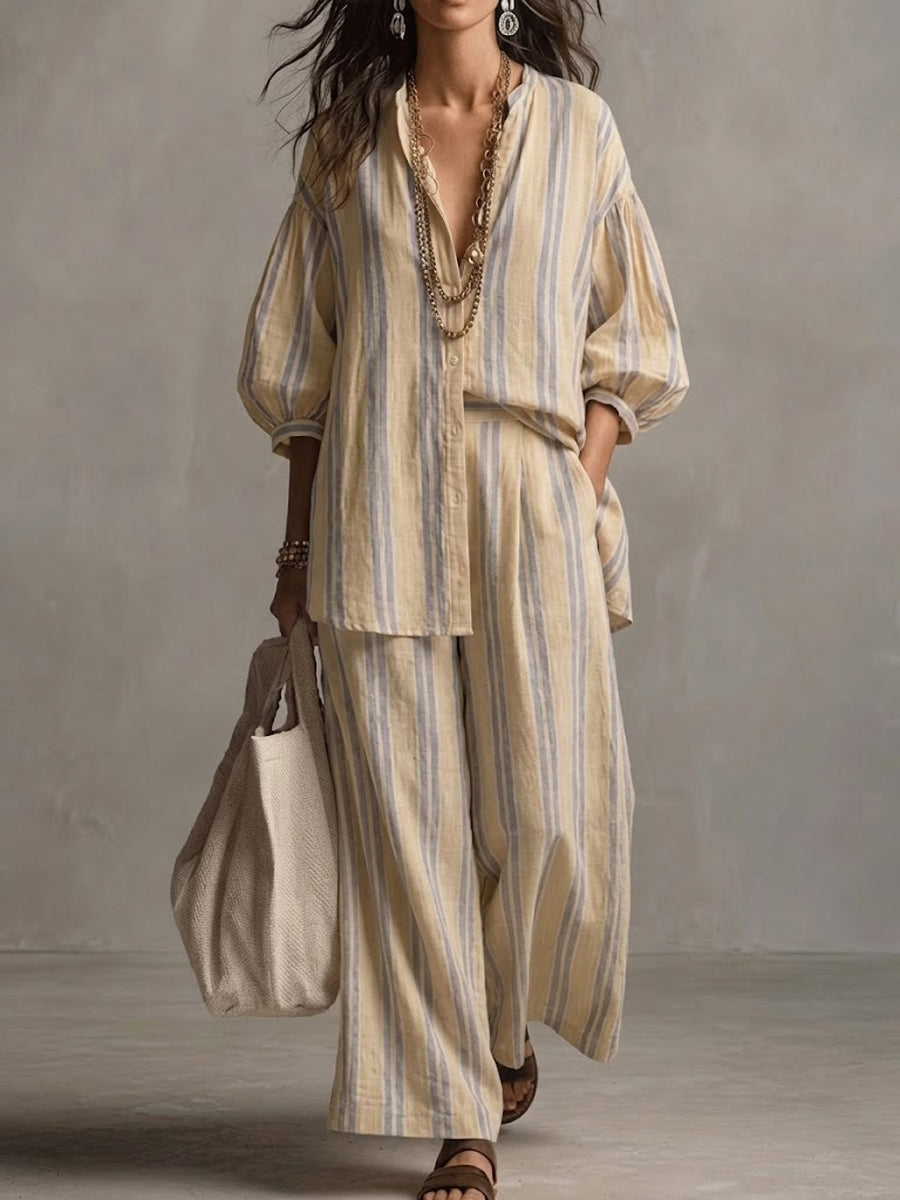 Women's Bohemian Loose Striped Cotton And Linen Set