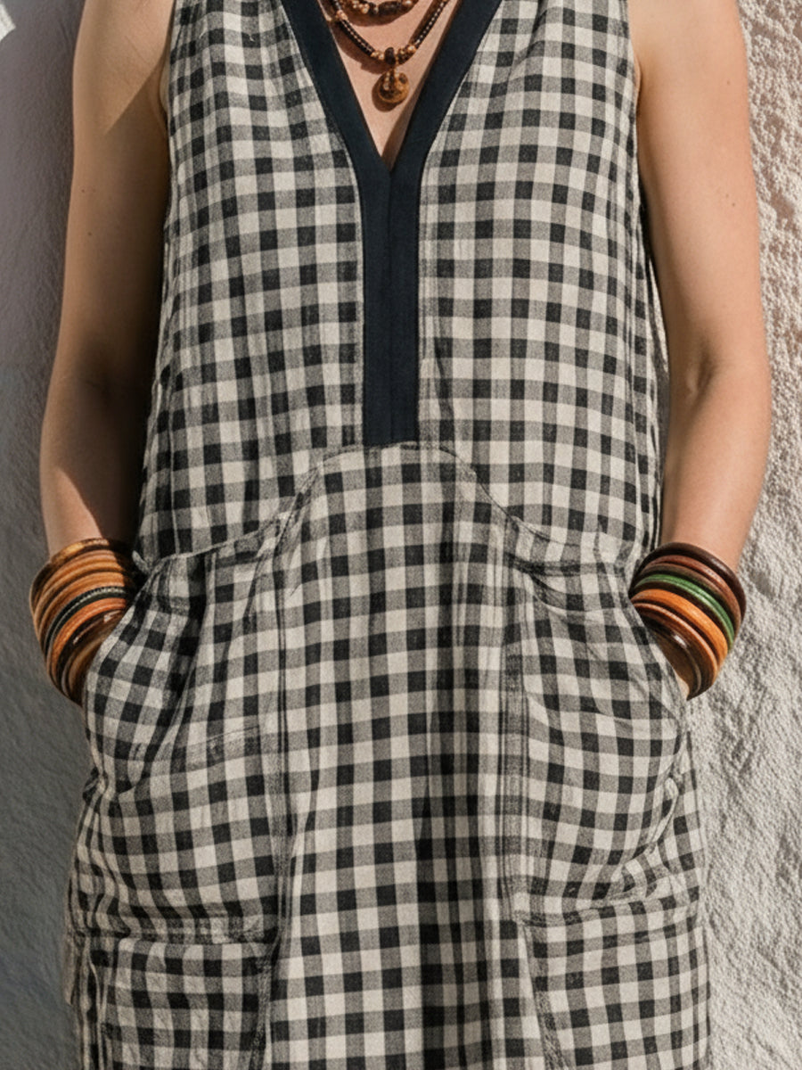 Black & White Gingham V-neck Linen-cotton Sleeveless A-line Dress