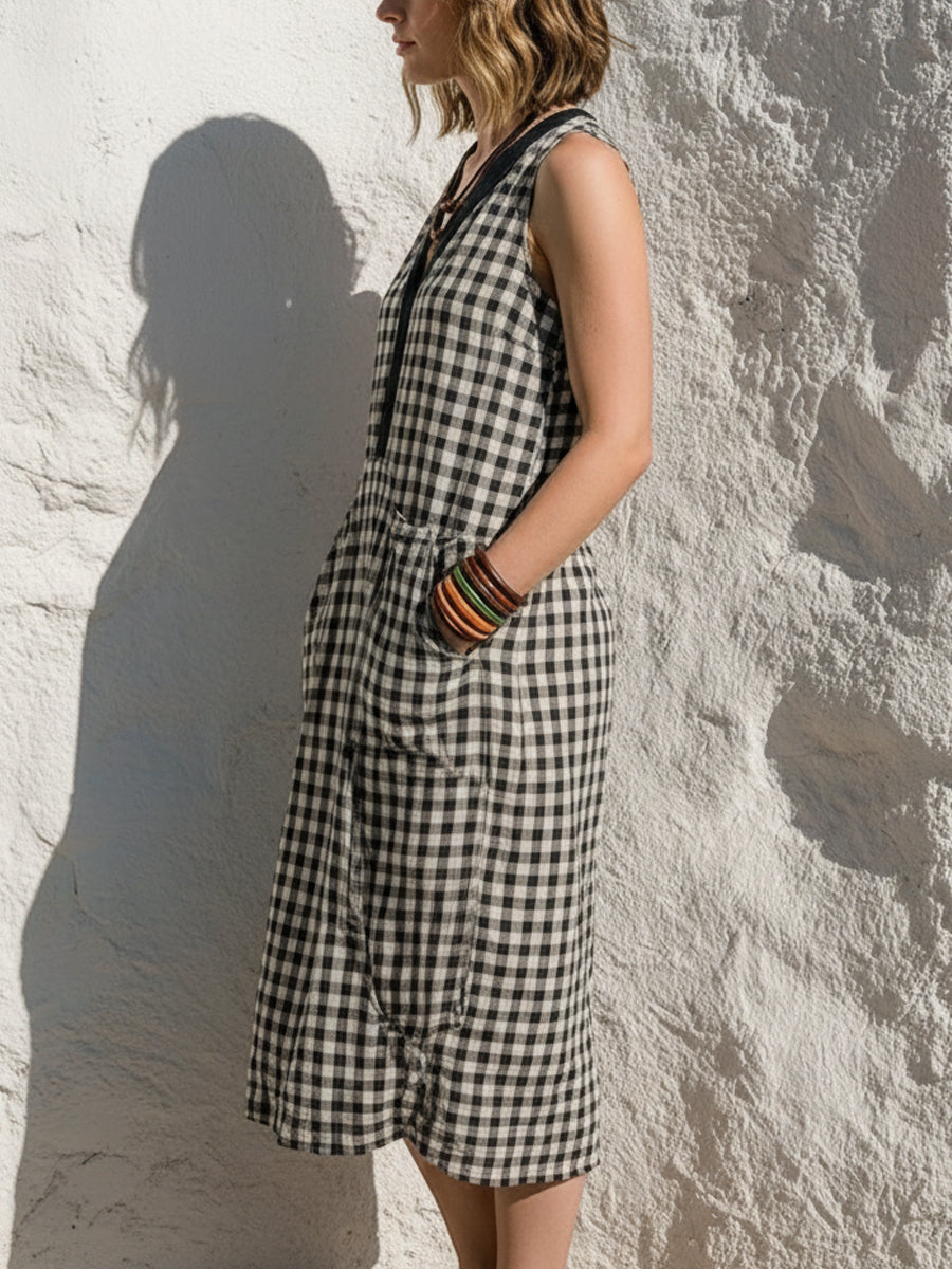 Black & White Gingham V-neck Linen-cotton Sleeveless A-line Dress