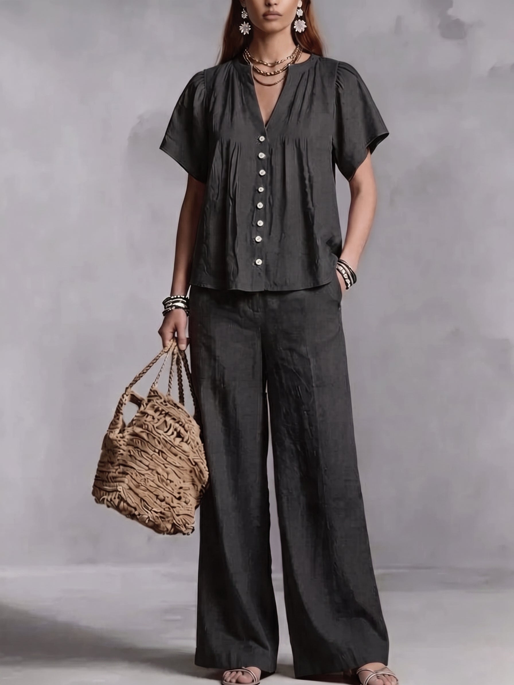 Limited-Time Offer: 49% OFF🔥 Women's Cotton-Linen V-Neck Casual Set for Beach Vacations
