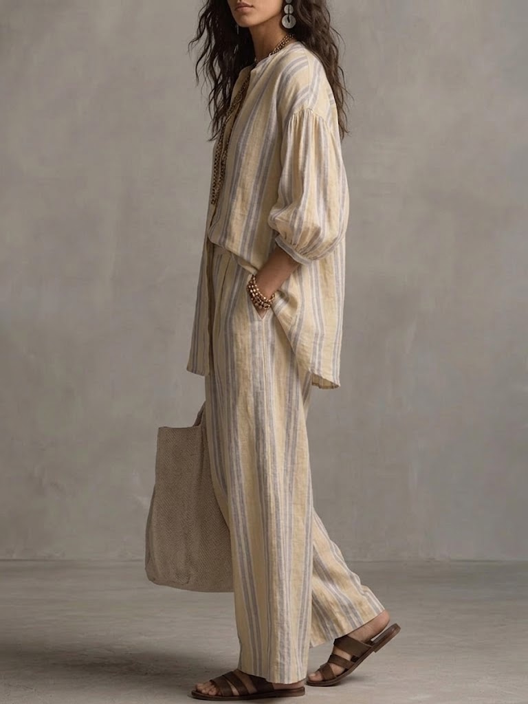 Women's Bohemian Loose Striped Cotton And Linen Set