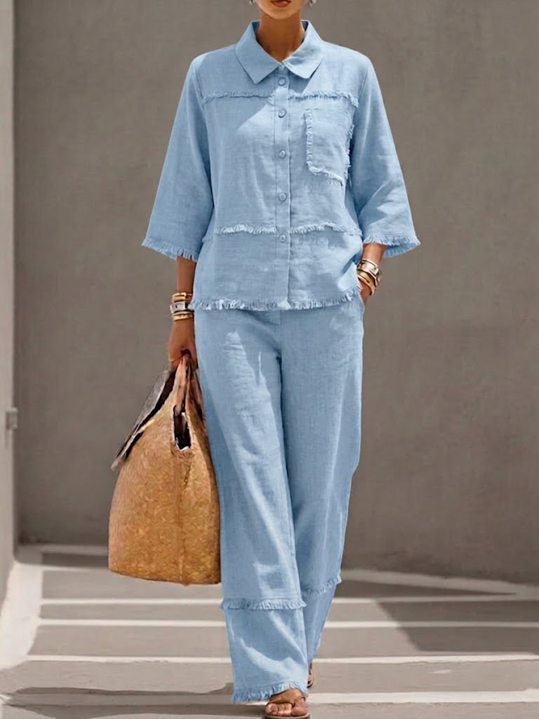  Mother's Day Gift❤️Relaxed Linen Frayed Edge Two-Piece Set