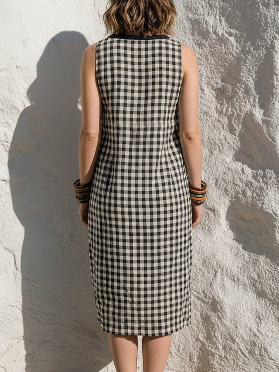 Black & White Gingham V-neck Linen-cotton Sleeveless A-line Dress