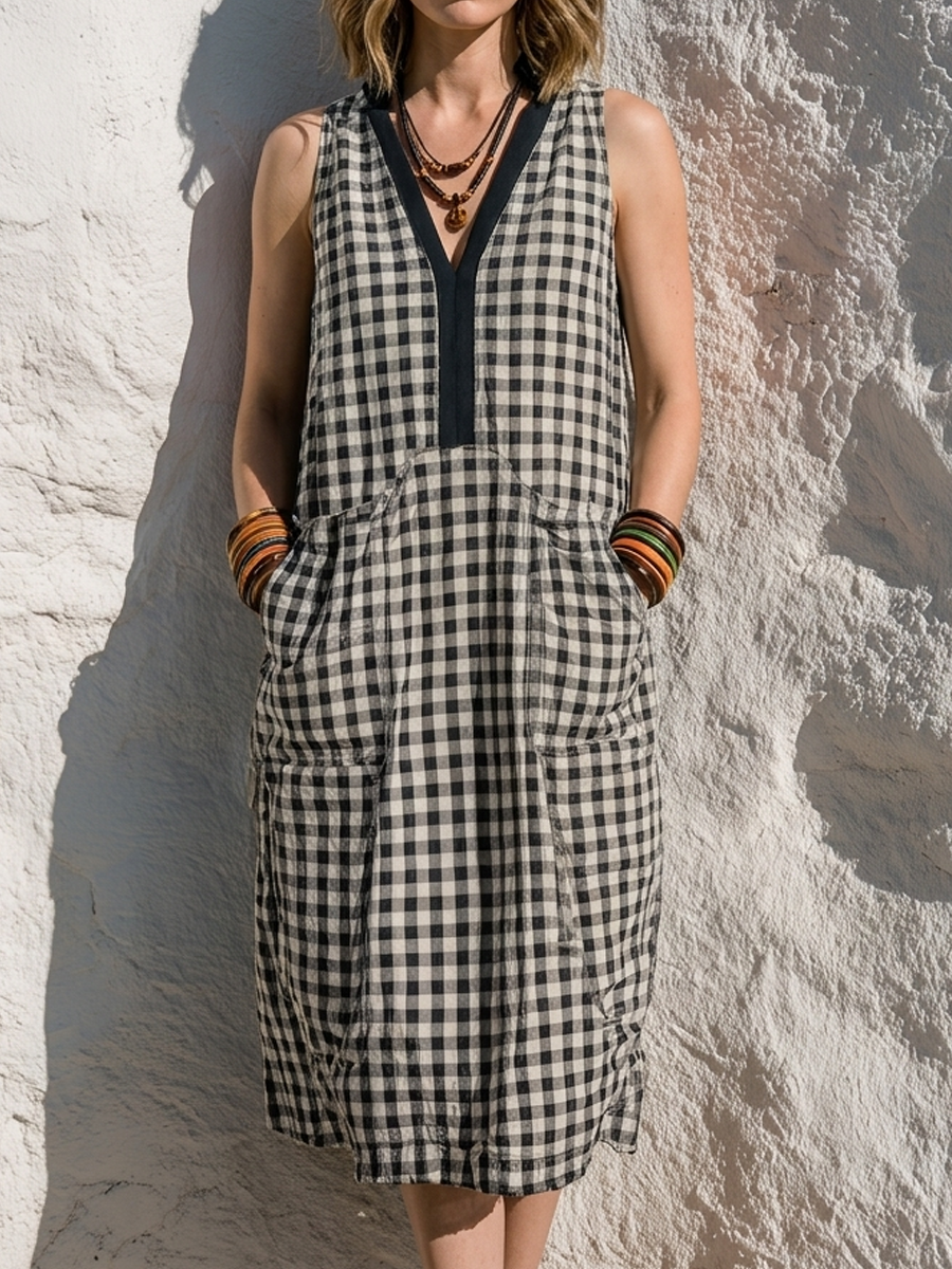 Black & White Gingham V-neck Linen-cotton Sleeveless A-line Dress
