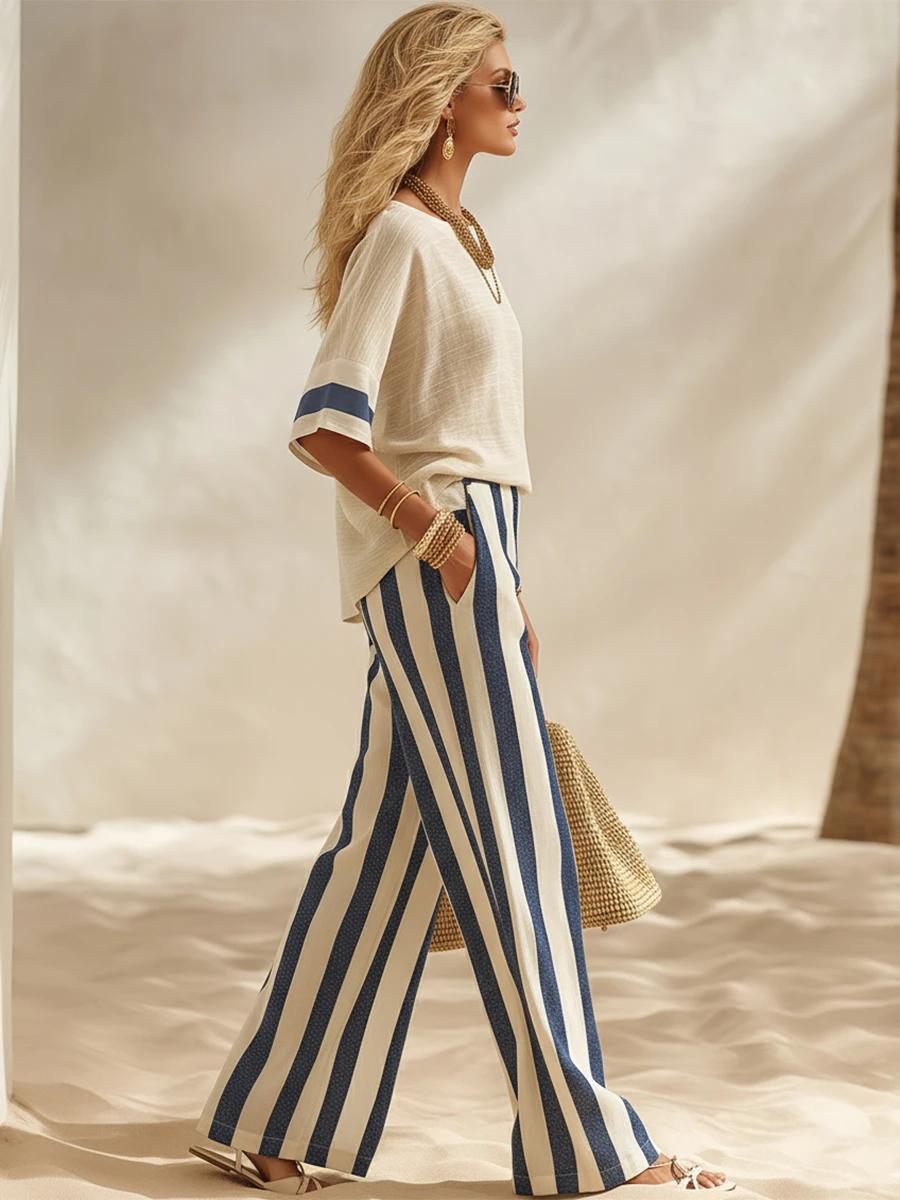 Beige Textured Cotton-linen Color-block Top & Blue-white Striped Elastic Waist Wide-leg Pants Set