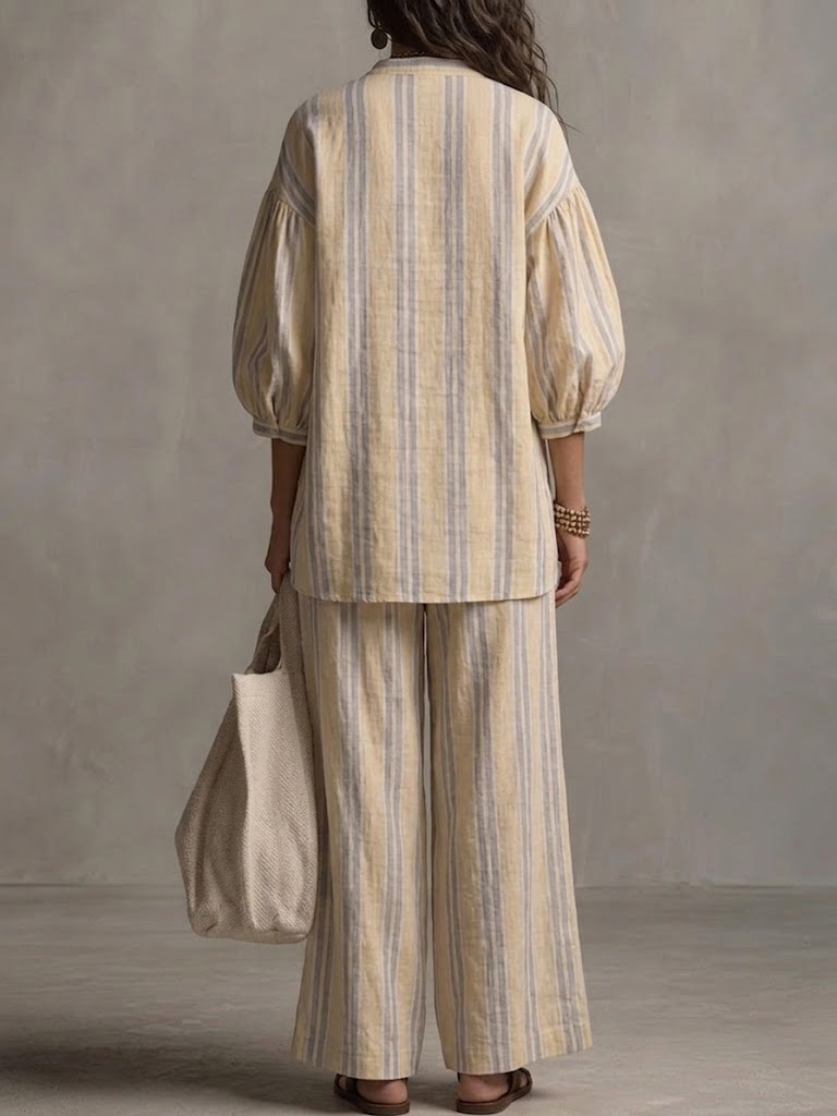 Women's Bohemian Loose Striped Cotton And Linen Set