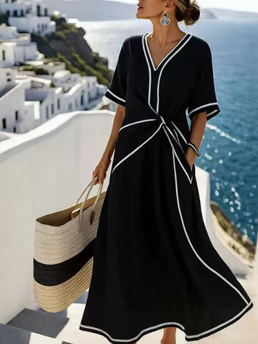 Women's V-neck Short-sleeve Casual Loose Cotton-linen Dress