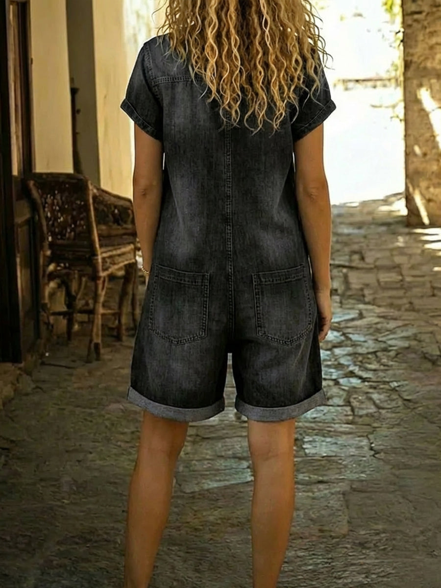 Women's Denim Short Sleeve Romper Jumpsuit
