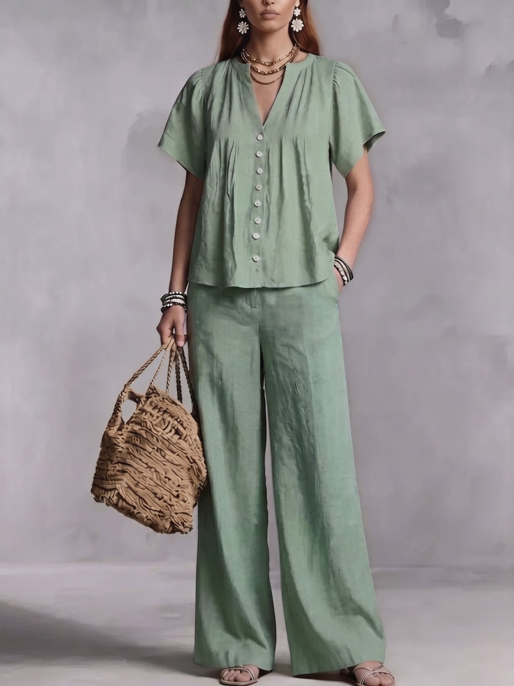 Limited-Time Offer: 49% OFF🔥 Women's Cotton-Linen V-Neck Casual Set for Beach Vacations