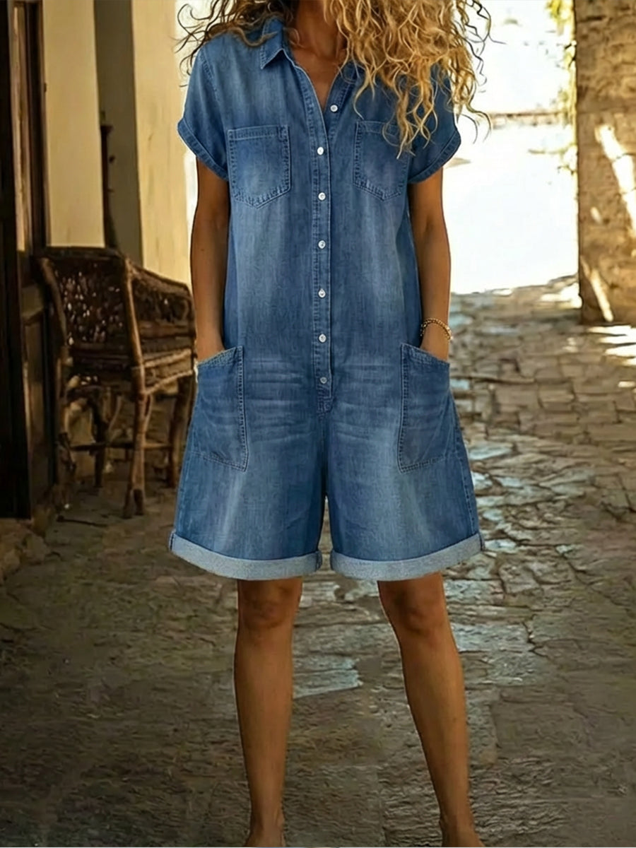 Women's Denim Short Sleeve Romper Jumpsuit