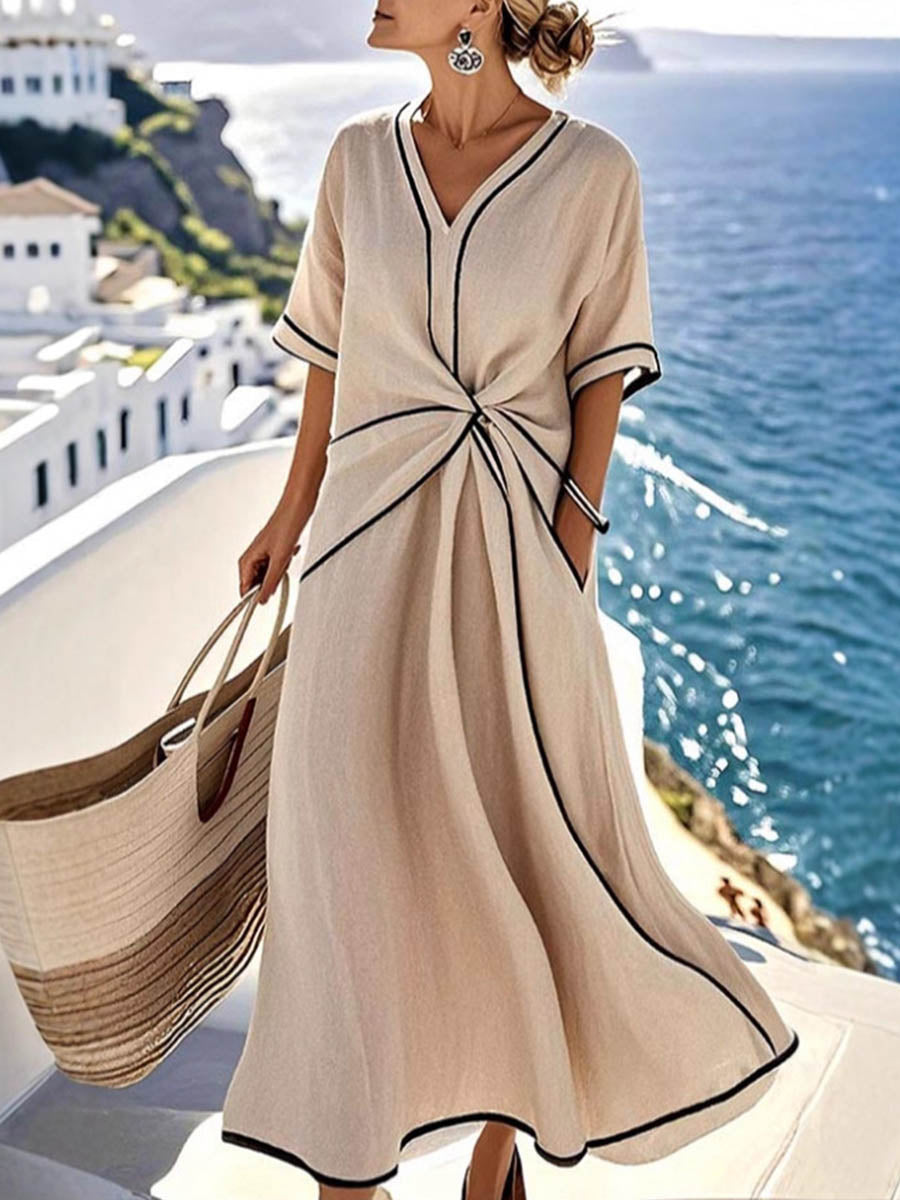 Women's V-neck Short-sleeve Casual Loose Cotton-linen Dress