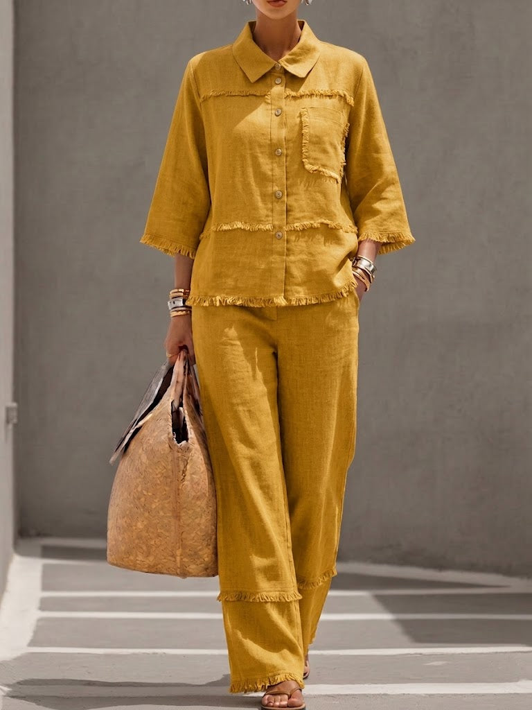  Mother's Day Gift❤️Relaxed Linen Frayed Edge Two-Piece Set