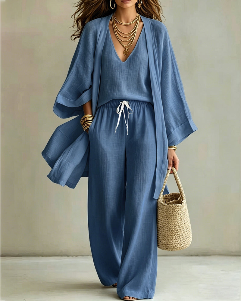 Chic Linen Blend 3-Piece Cardigan, Tank & Wide-Leg Pants Set