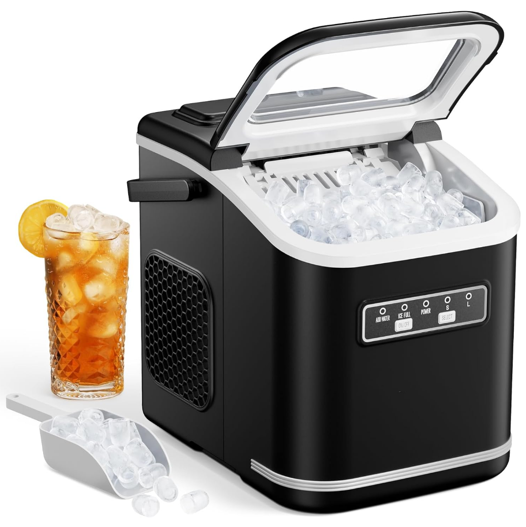 Ice Maker with Handle, 2 Sizes of Bullet Ice Maker Machine Countertop, 9 Cubes Ready in 6 Mins, 12Kg/24H, Ice Scoop & Basket, Self-Cleaning, Removable Top Cover, Perfect for Home/Office/Bar
