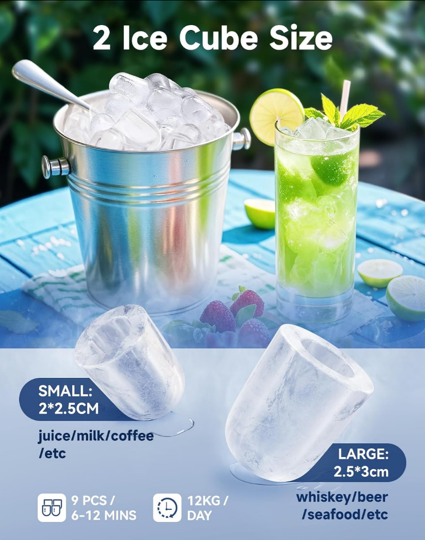 Ice Maker with Handle, 2 Sizes of Bullet Ice Maker Machine Countertop, 9 Cubes Ready in 6 Mins, 12Kg/24H, Ice Scoop & Basket, Self-Cleaning, Removable Top Cover, Perfect for Home/Office/Bar