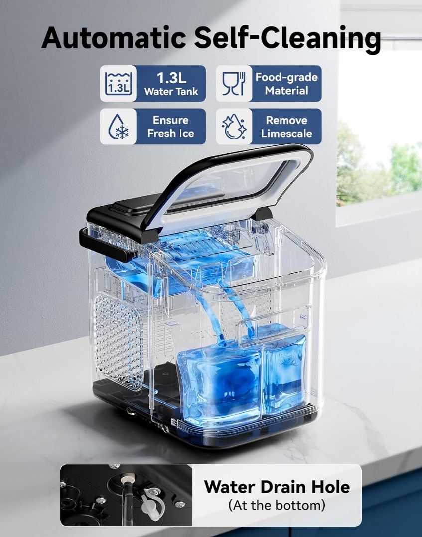 Ice Maker with Handle, 2 Sizes of Bullet Ice Maker Machine Countertop, 9 Cubes Ready in 6 Mins, 12Kg/24H, Ice Scoop & Basket, Self-Cleaning, Removable Top Cover, Perfect for Home/Office/Bar